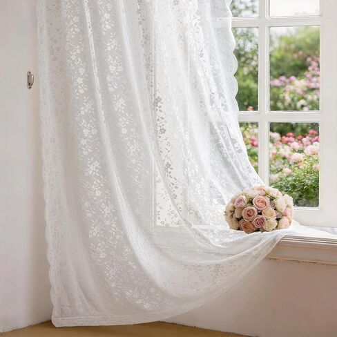 Anmao ستائر دانتيل شفافة بطول 84 بوصة - لوحات فوال رومانسية شبه شفافة على شكل زهور لغرفة المعيشة وغرفة النوم، ستائر تصفية للضوء بجيب قضيب، مجموعة من لوحتين (52 بوصة عرض × 84 بوصة طول)، أبيض in Kuwait