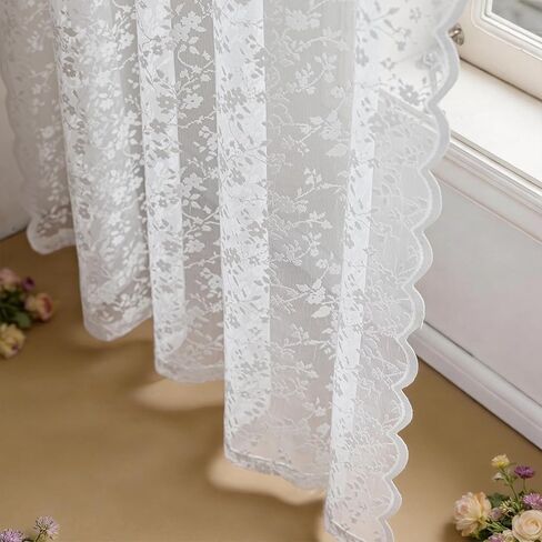 Anmao ستائر دانتيل شفافة بطول 84 بوصة - لوحات فوال رومانسية شبه شفافة على شكل زهور لغرفة المعيشة وغرفة النوم، ستائر تصفية للضوء بجيب قضيب، مجموعة من لوحتين (52 بوصة عرض × 84 بوصة طول)، أبيض in Kuwait