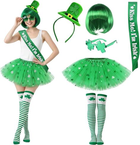 إكسسوارات زي عيد القديس باتريك للنساء، 6 قطع من عصابة الرأس ذات القبعة الخضراء والشعر المستعار شامروك وقفازات حزام الكتف وجوارب توتو الزي الأيرلندي in Kuwait