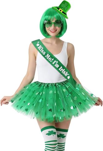 إكسسوارات زي عيد القديس باتريك للنساء، 6 قطع من عصابة الرأس ذات القبعة الخضراء والشعر المستعار شامروك وقفازات حزام الكتف وجوارب توتو الزي الأيرلندي in Kuwait