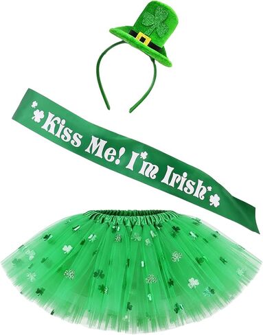 إكسسوارات زي عيد القديس باتريك للنساء، 6 قطع من عصابة الرأس ذات القبعة الخضراء والشعر المستعار شامروك وقفازات حزام الكتف وجوارب توتو الزي الأيرلندي in Kuwait