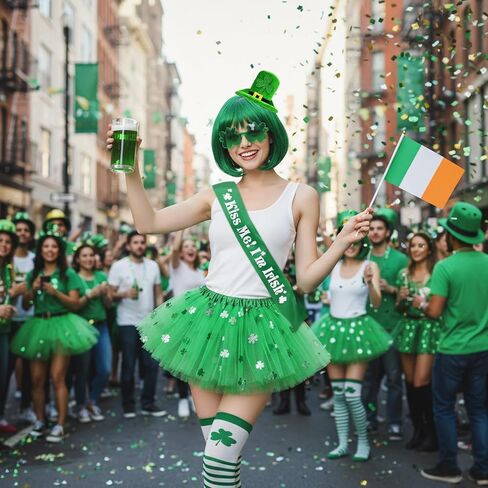 إكسسوارات زي عيد القديس باتريك للنساء، 6 قطع من عصابة الرأس ذات القبعة الخضراء والشعر المستعار شامروك وقفازات حزام الكتف وجوارب توتو الزي الأيرلندي in Kuwait