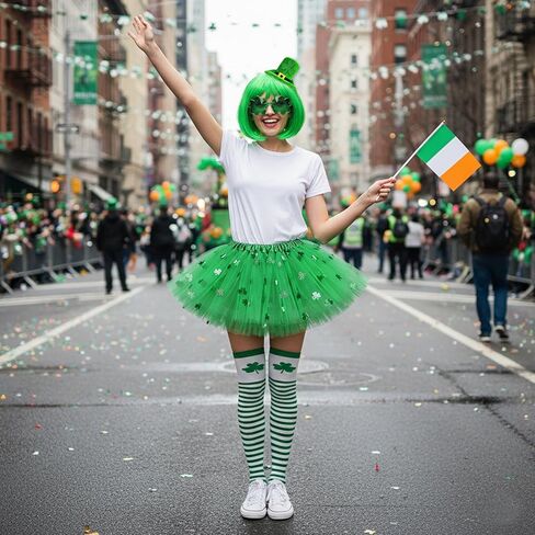 إكسسوارات زي عيد القديس باتريك للنساء، 6 قطع من عصابة الرأس ذات القبعة الخضراء والشعر المستعار شامروك وقفازات حزام الكتف وجوارب توتو الزي الأيرلندي in Kuwait