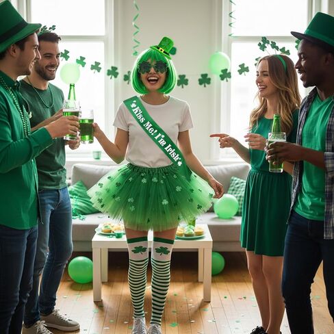 إكسسوارات زي عيد القديس باتريك للنساء، 6 قطع من عصابة الرأس ذات القبعة الخضراء والشعر المستعار شامروك وقفازات حزام الكتف وجوارب توتو الزي الأيرلندي in Kuwait