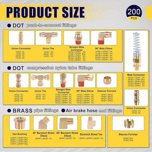 200 Pcs Brass DOT Air Brake Line Fittings & Air Nylon Tube Compression Fittings & Air Brake Hose End Fittings Assortment Kits,1/4" 1/8" 3/8" 1/2" NPT Air Hose Fittings in Kuwait