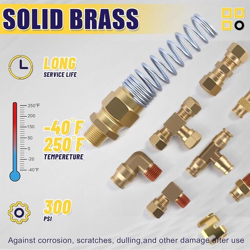 200 Pcs Brass DOT Air Brake Line Fittings & Air Nylon Tube Compression Fittings & Air Brake Hose End Fittings Assortment Kits,1/4" 1/8" 3/8" 1/2" NPT Air Hose Fittings in Kuwait
