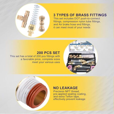 200 Pcs Brass DOT Air Brake Line Fittings & Air Nylon Tube Compression Fittings & Air Brake Hose End Fittings Assortment Kits,1/4" 1/8" 3/8" 1/2" NPT Air Hose Fittings in Kuwait