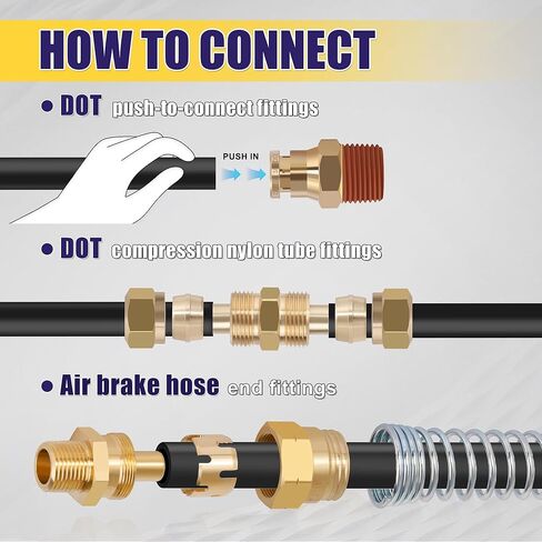 200 Pcs Brass DOT Air Brake Line Fittings & Air Nylon Tube Compression Fittings & Air Brake Hose End Fittings Assortment Kits,1/4" 1/8" 3/8" 1/2" NPT Air Hose Fittings in Kuwait