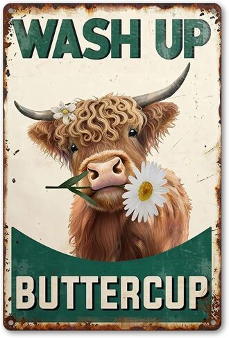 Highland Cow Bathroom Sign - Vintage "Wash Up Buttercup" Wall Art, Rustic Farmhouse & Cottagecore Decor, Cute Gifts 8x12 Inch (2906) in Kuwait