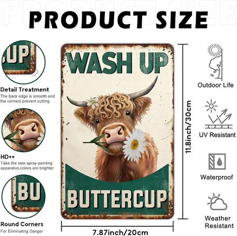 Highland Cow Bathroom Sign - Vintage "Wash Up Buttercup" Wall Art, Rustic Farmhouse & Cottagecore Decor, Cute Gifts 8x12 Inch (2906) in Kuwait