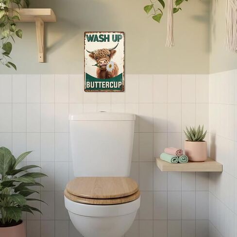 Highland Cow Bathroom Sign - Vintage "Wash Up Buttercup" Wall Art, Rustic Farmhouse & Cottagecore Decor, Cute Gifts 8x12 Inch (2906) in Kuwait