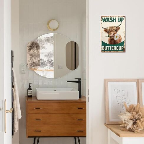 Highland Cow Bathroom Sign - Vintage "Wash Up Buttercup" Wall Art, Rustic Farmhouse & Cottagecore Decor, Cute Gifts 8x12 Inch (2906) in Kuwait