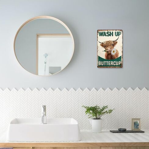 Highland Cow Bathroom Sign - Vintage "Wash Up Buttercup" Wall Art, Rustic Farmhouse & Cottagecore Decor, Cute Gifts 8x12 Inch (2906) in Kuwait