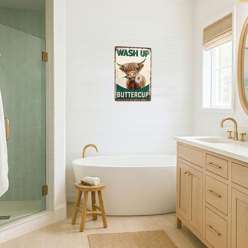 Highland Cow Bathroom Sign - Vintage "Wash Up Buttercup" Wall Art, Rustic Farmhouse & Cottagecore Decor, Cute Gifts 8x12 Inch (2906) in Kuwait