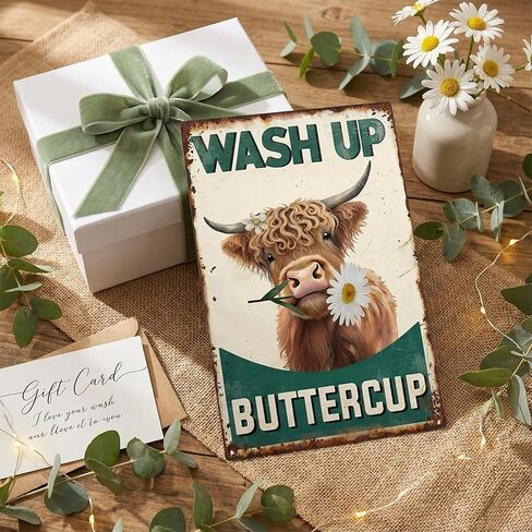 Highland Cow Bathroom Sign - Vintage "Wash Up Buttercup" Wall Art, Rustic Farmhouse & Cottagecore Decor, Cute Gifts 8x12 Inch (2906) in Kuwait