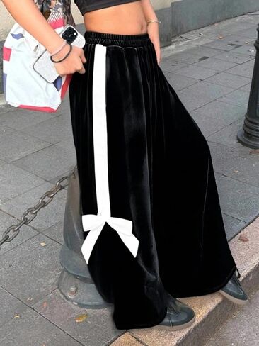 Women's Wide Leg Velvet Pants High Waist Elastic Black Contrast Stripe Bow Tie Casual Fall Winter Drop Luxury in Saudi Arabia