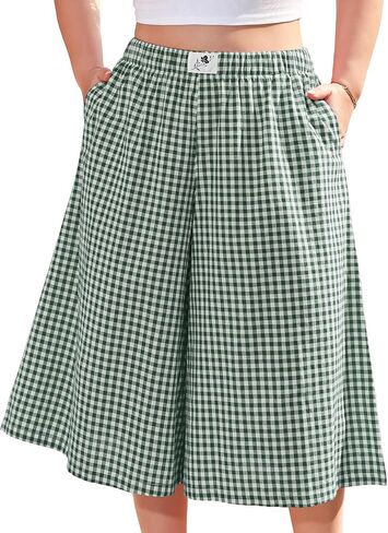 FOREYOND Plus Size Capri Pants for Women Wide Leg Gingham Pants Cotton Palazzo Trousers Bottoms with Pockets 1XL-6XL in Saudi Arabia
