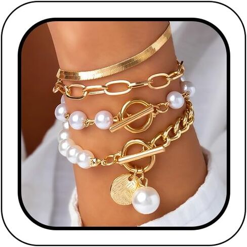 14K Gold OT Buckle Coin Pearl Paperclip Stacked Bracelet Set for Women, Statement Snake Pearl Paper Clip Bracelets Stack Dainty Prom Party Jewelry Gift in Kuwait