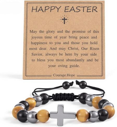 Cross Bracelet for Men Tigers Eye Beaded Bracelets Crystal Stone Bracelets for Women Triple Protection Healing Jesus Bracelet Christian Gifts for Men in Saudi Arabia