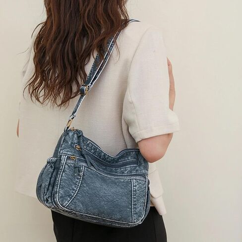 1Pc Women's Casual Denim Shoulder Bag, Multi-Pocket Large Capacity Zippered Denim Bag, Suitable For Everyday Use in Saudi Arabia