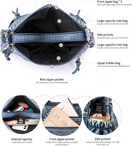 1Pc Women's Casual Denim Shoulder Bag, Multi-Pocket Large Capacity Zippered Denim Bag, Suitable For Everyday Use in Saudi Arabia