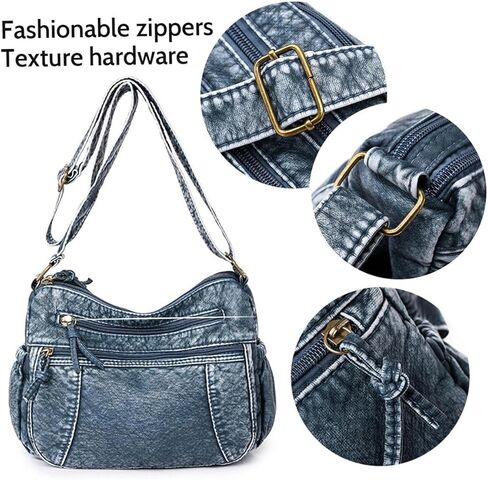 1Pc Women's Casual Denim Shoulder Bag, Multi-Pocket Large Capacity Zippered Denim Bag, Suitable For Everyday Use in Saudi Arabia