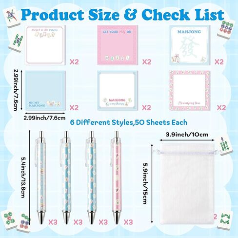 Mahjong Sticky Notes and Pens Set- 12 Sets Bulk of Mahjong Self-Stick Memo Notepads with Ballpoint Pens Organza Bags for Adults Kids Office Classroom Home Supplies Easter Holiday Birthday Party Favor in Saudi Arabia