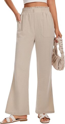 Women's Summer Casual Pants Lightweight Elastic Waist Trousers Straight Leg Loose Beach Slacks with Pockets in Kuwait