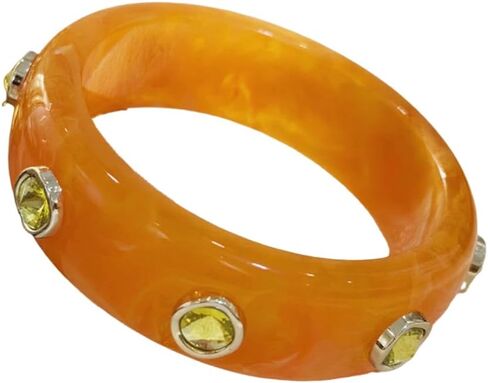 Chunky Acetate Bangle with Marble Veining & Colored Gemstones - Statement Resin Cuff Bracelet for Women in Saudi Arabia