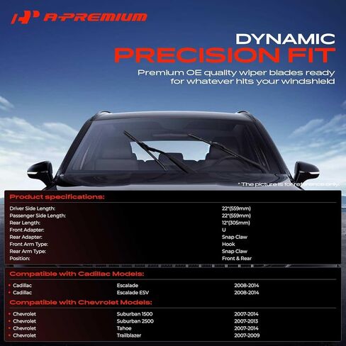 A-Premium 22"+22"+12" Windshield Wiper Blades Compatible with Chevrolet Suburban 1500 2500 Tahoe & Cadillac Escalade - Front Rear Wipers Blade Set with Wear Indicator & Towel (Pack of 3) in Saudi Arabia