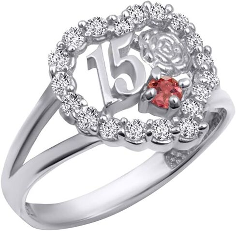.925 خاتم من الفضة الإسترليني 15 Anos Quinceanera Heart Rose (زركونيا مكعب (CZ)) خاتم حب على شكل زهرة بأحجام حلقات متعددة in Saudi Arabia