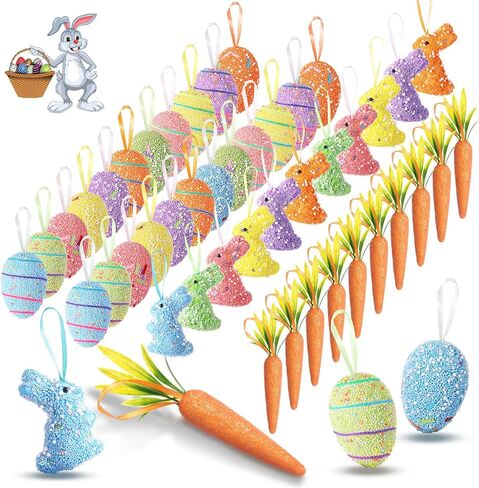 48 Pcs Easter Eggs Ornaments Carrot Rabbit Hanging Ornaments Colorful Foam Eggs Glitter Artificial Bunny Carrots Easter Tree Decorations Spring Party Favors Supplies Basket Filler DIY Crafts in Kuwait