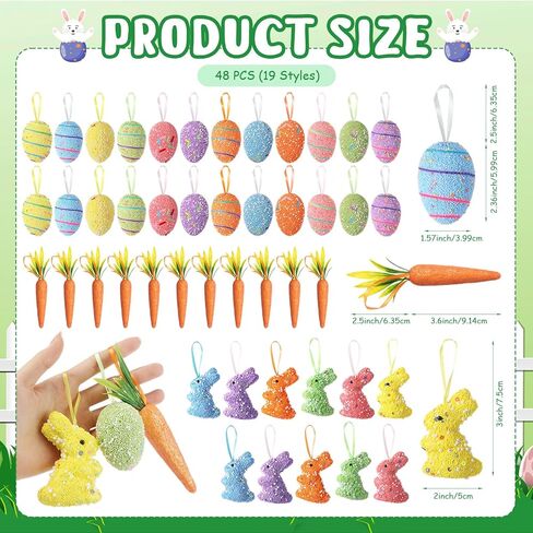 48 Pcs Easter Eggs Ornaments Carrot Rabbit Hanging Ornaments Colorful Foam Eggs Glitter Artificial Bunny Carrots Easter Tree Decorations Spring Party Favors Supplies Basket Filler DIY Crafts in Kuwait
