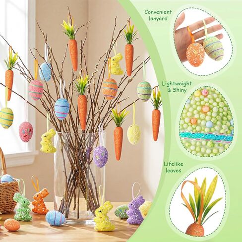 48 Pcs Easter Eggs Ornaments Carrot Rabbit Hanging Ornaments Colorful Foam Eggs Glitter Artificial Bunny Carrots Easter Tree Decorations Spring Party Favors Supplies Basket Filler DIY Crafts in Kuwait