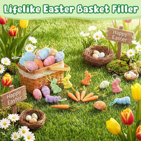 48 Pcs Easter Eggs Ornaments Carrot Rabbit Hanging Ornaments Colorful Foam Eggs Glitter Artificial Bunny Carrots Easter Tree Decorations Spring Party Favors Supplies Basket Filler DIY Crafts in Kuwait