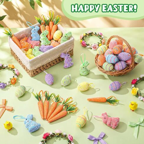 48 Pcs Easter Eggs Ornaments Carrot Rabbit Hanging Ornaments Colorful Foam Eggs Glitter Artificial Bunny Carrots Easter Tree Decorations Spring Party Favors Supplies Basket Filler DIY Crafts in Kuwait