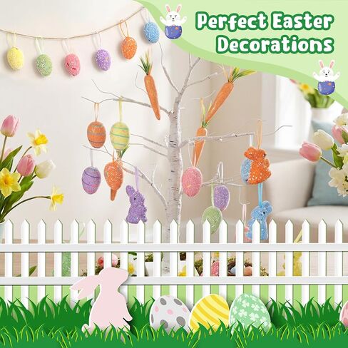 48 Pcs Easter Eggs Ornaments Carrot Rabbit Hanging Ornaments Colorful Foam Eggs Glitter Artificial Bunny Carrots Easter Tree Decorations Spring Party Favors Supplies Basket Filler DIY Crafts in Kuwait