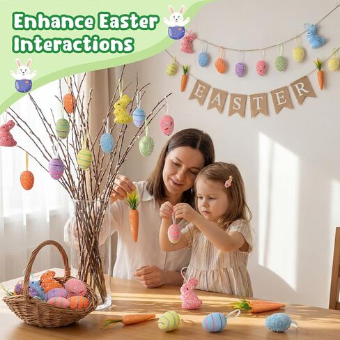 48 Pcs Easter Eggs Ornaments Carrot Rabbit Hanging Ornaments Colorful Foam Eggs Glitter Artificial Bunny Carrots Easter Tree Decorations Spring Party Favors Supplies Basket Filler DIY Crafts in Kuwait