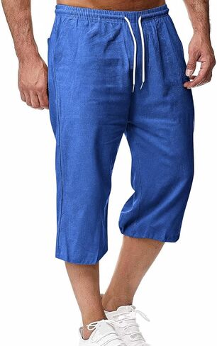 Mens Linen Capri Pants Loose 3/4 Long Shorts Elastic Waist Drawstring Solid Color Casual Beach Yoga Trousers in Kuwait