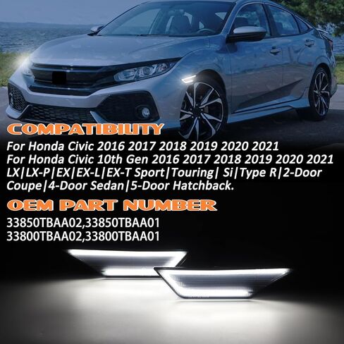 White LED Side Marker Lights for Honda Civic 2016-2021 10th Gen Civic Sedan Coupe Hatchback, Front Bumper Fender Turn Signal Reflector Daytime Running Lights, Smoked Lens 2PCS in Kuwait