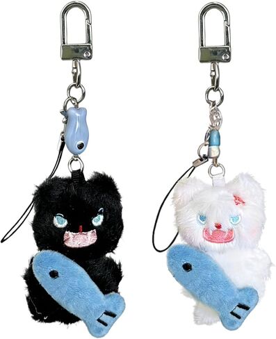 Plush Puffed-up Kitten Keychain – 2 Pack Stuffed Cat with Fish Keyring, Angry Kitten Design Featuring a “Don’t Take My Fish"‑Style Expression, Car Key Accessories for Women, Personality Décor in Kuwait