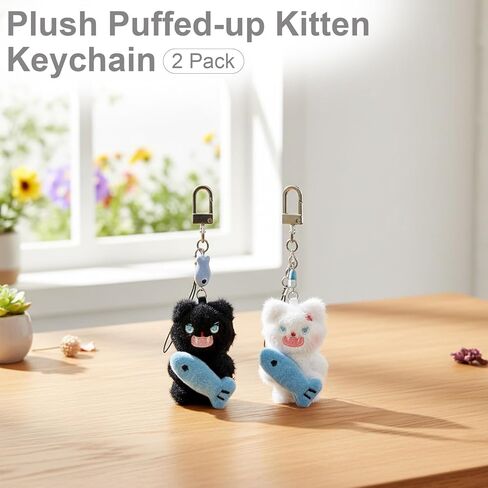 Plush Puffed-up Kitten Keychain – 2 Pack Stuffed Cat with Fish Keyring, Angry Kitten Design Featuring a “Don’t Take My Fish"‑Style Expression, Car Key Accessories for Women, Personality Décor in Kuwait