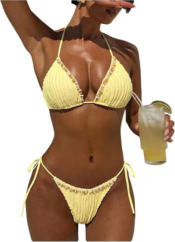 Women's 2 Piece Bikini Sets Textured Beaded Halter Bras and Tie Side Thongs Summer Beachwear Swimwear in Saudi Arabia