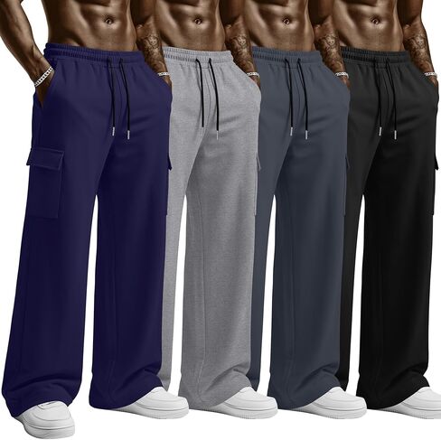 4 Pack Men's Cargo Sweatpants Straight Leg Open Bottom Baggy Joggers Pockets Drawstring Lightweight Lounge Pants in Saudi Arabia