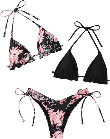 Verdusa Women's 3 Piece Floral Halter Bikini Set Boho Swimsuit Hawaiian Outfits in Saudi Arabia