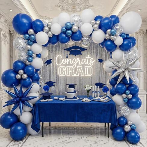 Royal blue White Silver balloon Garland Arch Kit Metallic Blue Balloons with Starburst foil balloons for 2024 Graduation Men birthday decorations Prom Ceremony supplies in Kuwait