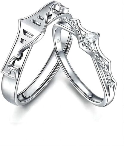 الأزواج من الفضة الإسترليني المتطابقة مع خواتم وعد الملكة الملكة لها، له، للنساء، خاتم خطوبة زفاف قابل للتعديل، غلاف هدية in Kuwait