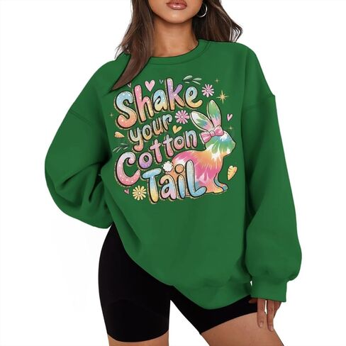 Shake Your Cotton Tail Bunny Easter Sweatshirts for Women Oversized Graphic Tees Long Sleeve Tops Plus Size in Saudi Arabia