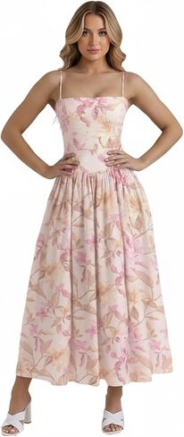 Women's Long Floral Dresses Halter Square Neck Ruffle Hem A-Line Suitable for Coctail Club Night Out Dresses in Saudi Arabia