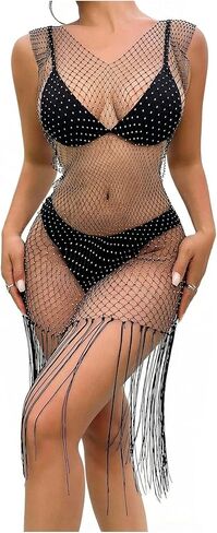 OYOANGLE Women's Sparkly Sleeveless V Neck Fishnet Dress Rhinestone Fringe Hem Night Out Party Dress in Saudi Arabia